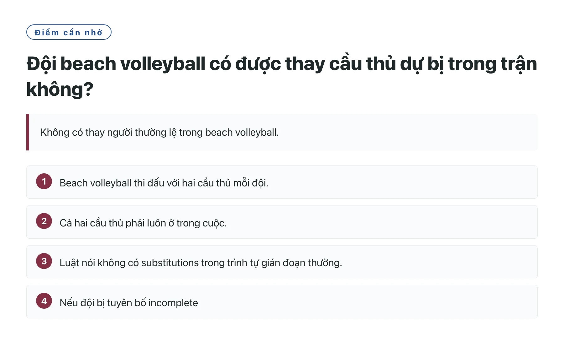 Đội beach volleyball có được thay cầu thủ dự bị trong trận không?——全文要点速览